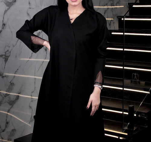 عبايه قماش مينيميت كوري - كريستال فرنسي اسود