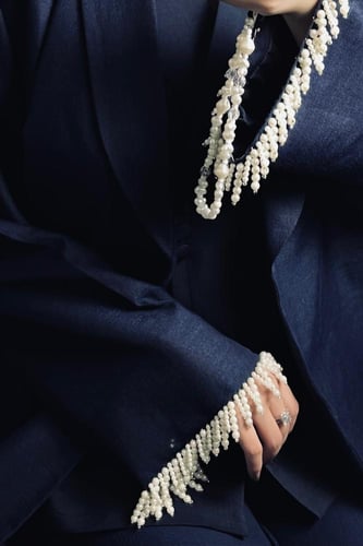 Blue linen abaya with pearl