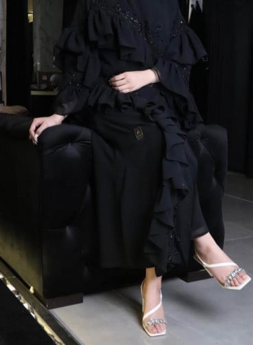 عبايه قماش جورجيت كوري - تطريز خرز اسود