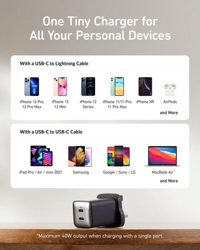 شاحن جداري أنكر نانو برو بقوة 40 واط بمنفذين USB-C...