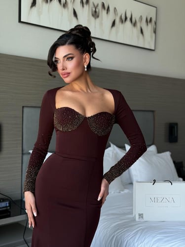 فستان كريب بني مع شك