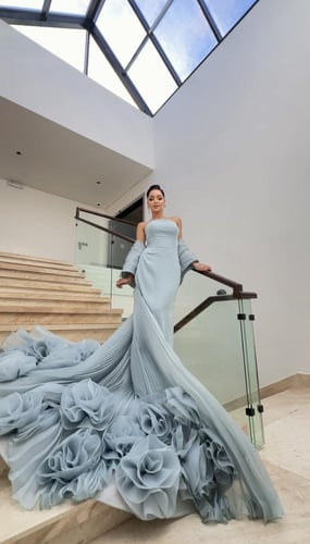 فستان تيفاني مع شال مكسر وورد