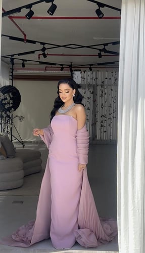 فستان وردي مع شال مكسر وورد