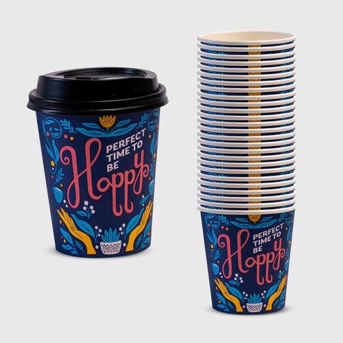 أكواب ورقية برسومات بغطاء - ربطة 15 كوب