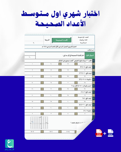 اختبار شهري رياضيات اول متوسط الاعداد الصحيحة