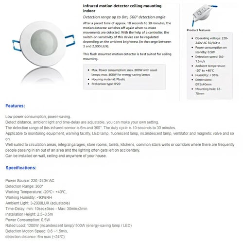 مفتاح مستشعر حركة بالأشعة تحت الحمراء PIR تيار متر...