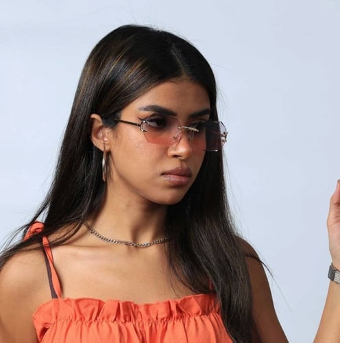 نظارة شمسية نسائية شكل سداسي بدون إطار عدسة وردي م...