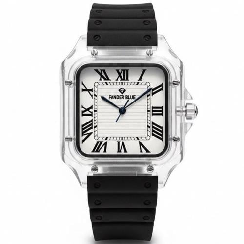 ساعة فندربلو رجالي شفاف بسير ربل اسود ميناء ابيض