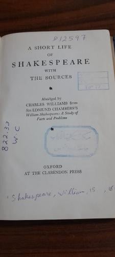A Short Life Of Shakespeare- By: Charles Williams...