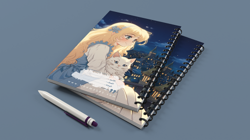 تصميم جاهز دفتر مدرسي شخصية طفلة تحمل قطة أنمي