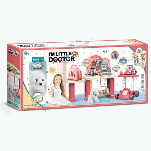 عيادة بيطرية للأطفال مع جرو وعربة