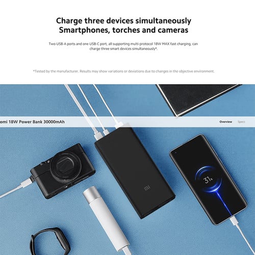 باور بنك شاومي بمنفذين USB ومنفذ USB-C بسعة 30000...