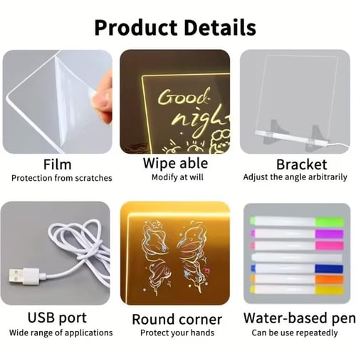 سبورة مضيئة اكريليك مع 7 أقلام مصممة للكتابة والرس...