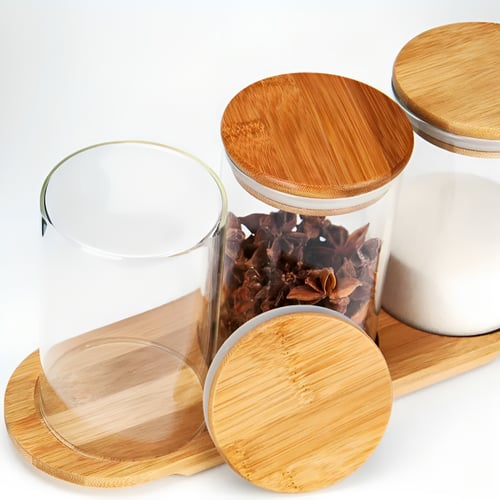 علبة زجاجية شفافة للبهارات والتخزين بغطاء خشبي محك...