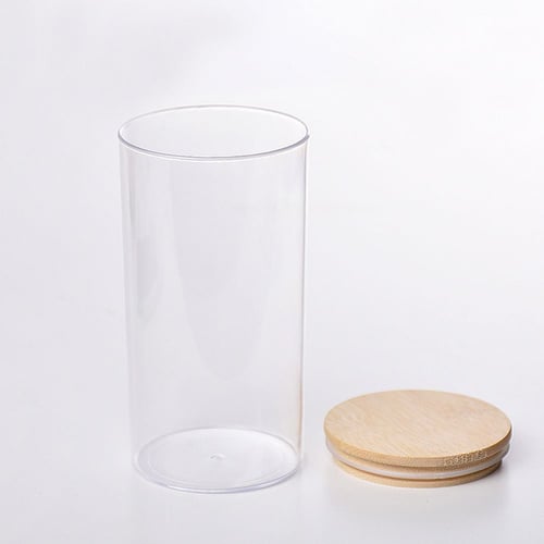 علبة زجاجية شفافة للبهارات والتخزين بغطاء خشبي محك...