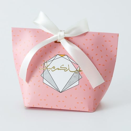 حقيبة توزيعات ورقية فاخرة بلون وردي وعبارة"عيدكم م...