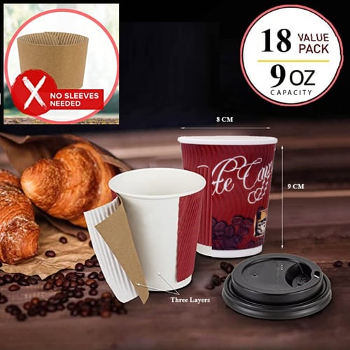 أكواب ورقية عنابي مموجة 3 طبقات-9 أنز / العدد 18 ك...