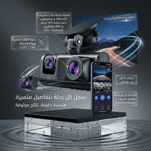 كاميرا داش كام ثلاثية 1080P مع واي فاي ورؤية ليلية