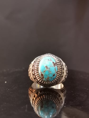 خاتم الفضة بحجر فيروز نيشابوري ايراني بصياغة عباسي...