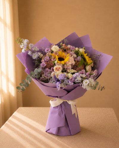 Bouquet of sunflowers with rose and cherry wholesale – luxurious purple arrangement | Marvla Riyadh