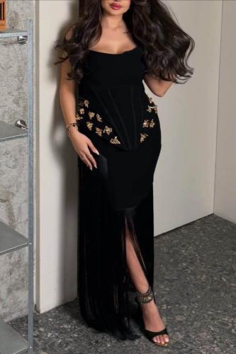 فستان سهرة أسود كريب باربي بكورسيه وهدب راقي للمنا...