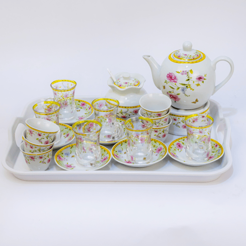 طقم بيالات شاي زجاج وفناجين قهوة سيراميك مع صحون ا...