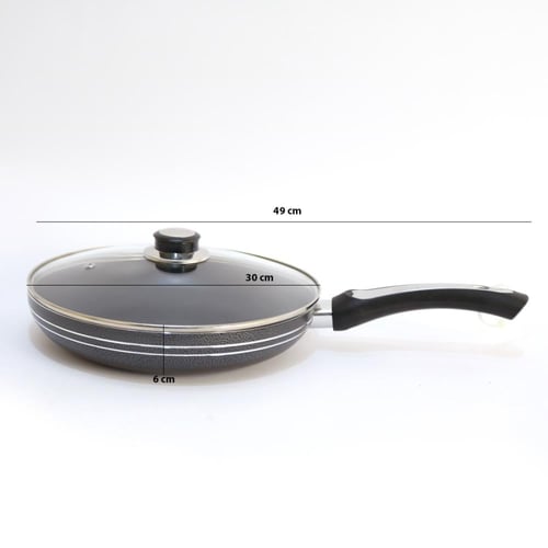 مقلاة اسود مدور يد طويل بغطاء زجاج مقاس 30 سم