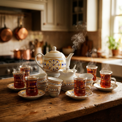 طقم بيالات شاي زجاج وفناجين قهوة سيراميك مع صحون ا...