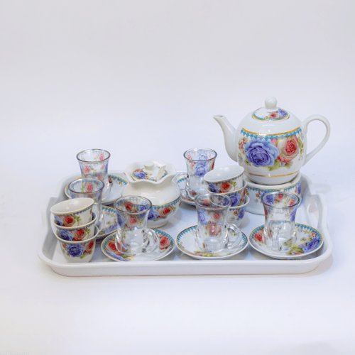 طقم بيالات شاي زجاج وفناجين قهوة سيراميك مع صحون ا...