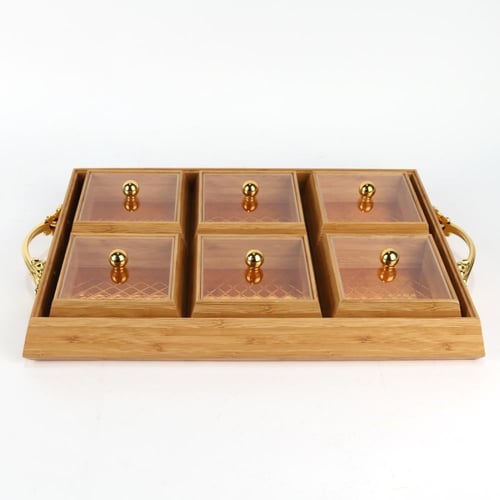 علب مكسرات خشب مستطيل ذهبي مقسم بغطاء 42*30*6سم