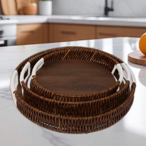 طقم تباسي خشب بخزف بني دائري 3ح