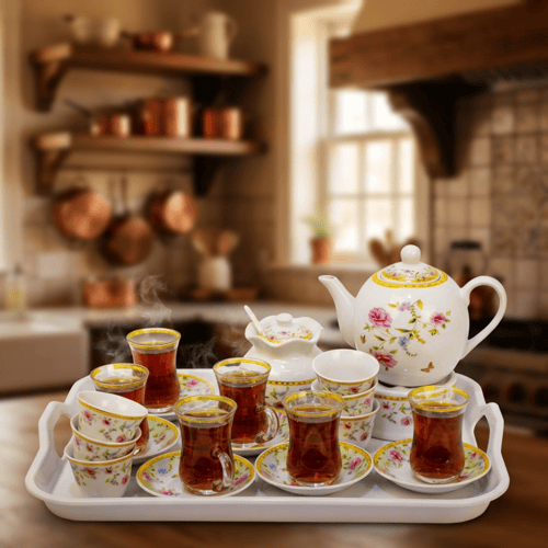 طقم بيالات شاي زجاج وفناجين قهوة سيراميك مع صحون ا...