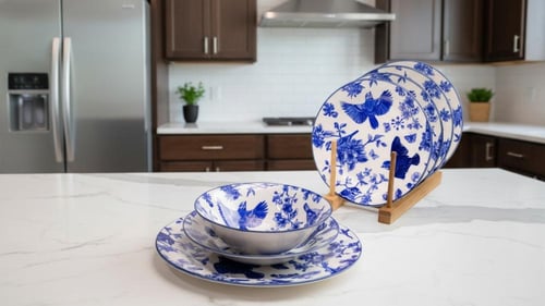 طقم سفرة سيراميك 16 قطعة نقش ازرق