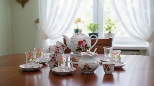 طقم بيالات شاي زجاج وفناجين قهوة سيراميك مع صحون ن...