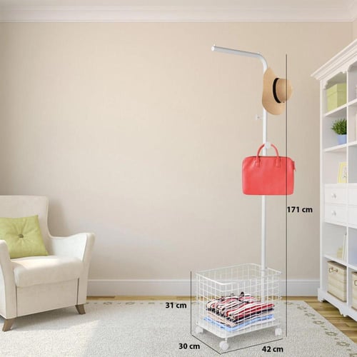 شماعة ملابس حديد ابيض قاعدة سلة بكفرات 43*31*29 سم