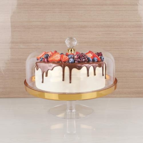 صحن كيك مدور مذهب بغطاء وقاعدة شفاف