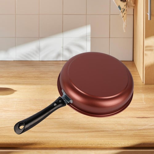 مقلاة تيتانيوم مدور بني بيد طويل غطاء زجاج 26 سم