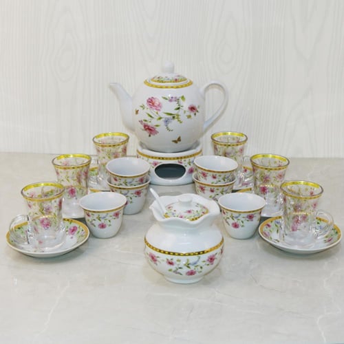 طقم بيالات شاي زجاج وفناجين قهوة سيراميك مع صحون ا...