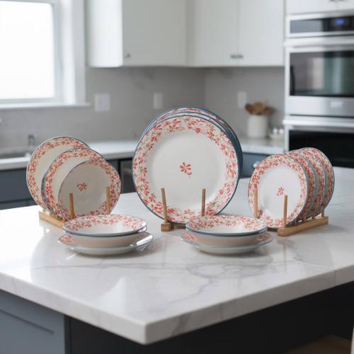 طقم سفرة سيراميك 16 قطعة نقش احمر ورد