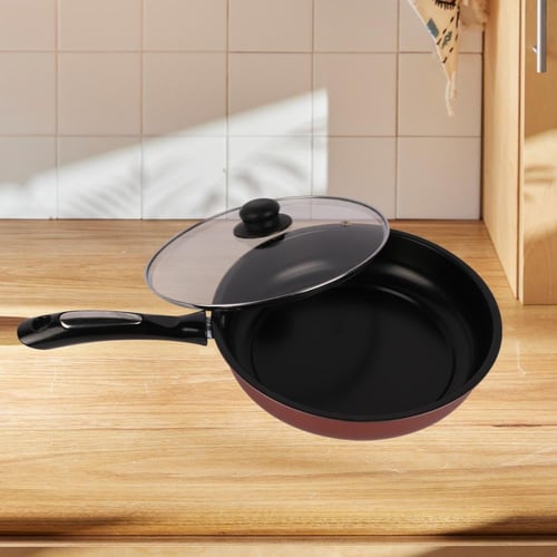 مقلاة تيتانيوم مدور بيد طويل غطاء زجاج 28 سم