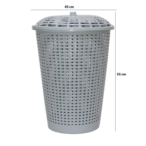 سلة ملابس بلاستيك مخرم بغطاء لون رمادي