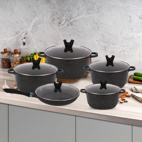 طقم قدور جرانيت اسود 10 قطعة غطاء زجاج