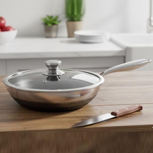 مقلاة استيل مدور غطاء زجاج بيد طويل استيل 28 سم