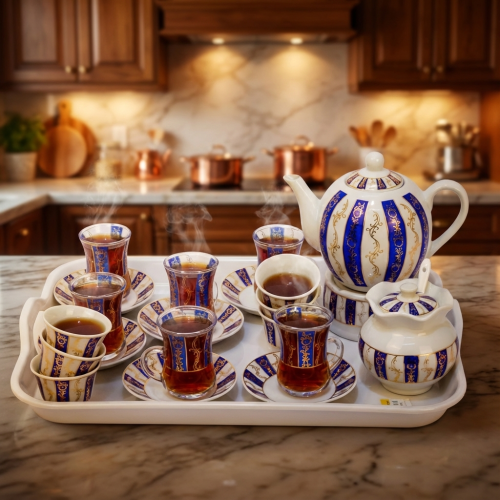 طقم بيالات شاي زجاج وفناجين قهوة سيراميك مع صحون ن...