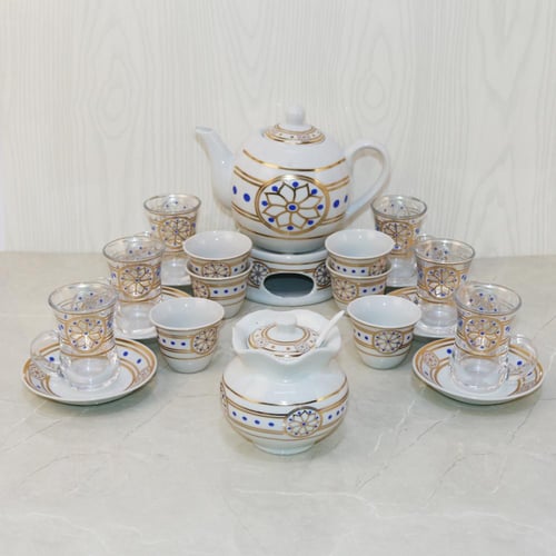 طقم بيالات شاي زجاج وفناجين قهوة سيراميك مع صحون ا...