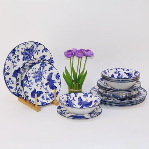 طقم سفرة سيراميك 16 قطعة نقش ازرق