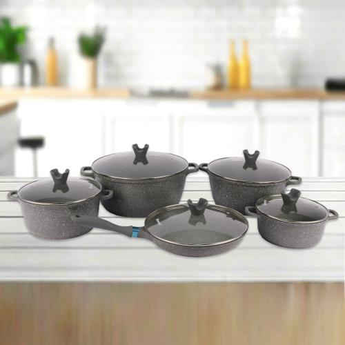 طقم قدور جرانيت رمادي 10 قطعة غطاء زجاج