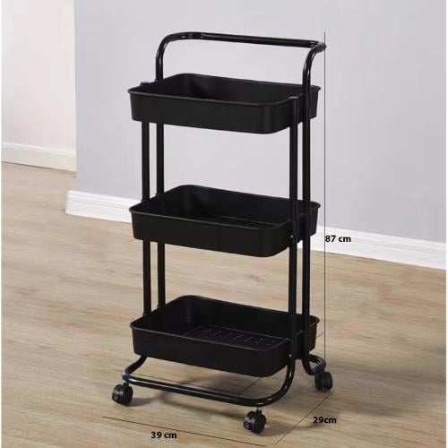 سلة تخزين بلاستيك اسود 3 دور بكفرات 43.5*32*18 سم