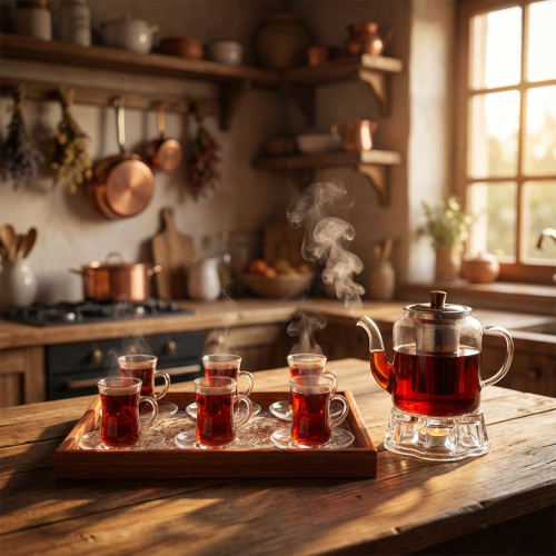 طقم بيالات شاي زجاج مع براد مع تبسي خشب مع صحون 15...