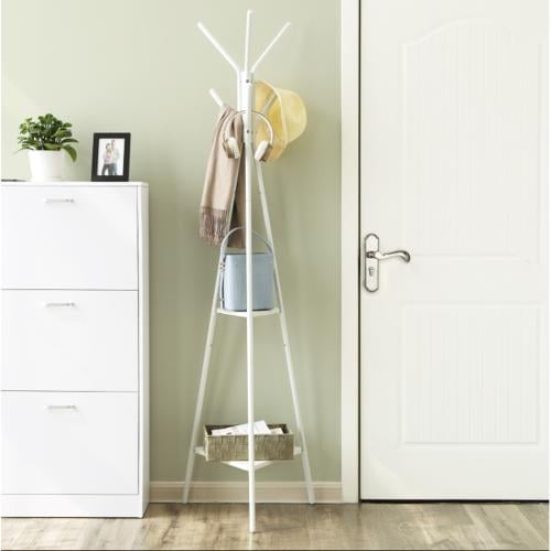 شماعة ملابس حديد ابيض مع رف خشب مثلث 2 دور